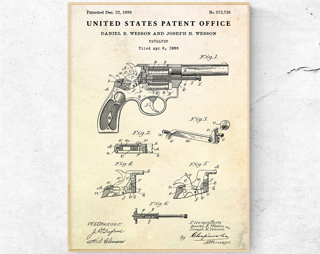 Wesson Revolver 1896 Patent Art Print, Gun Inventions