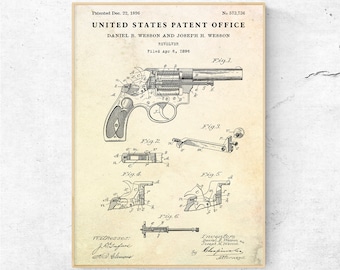 May include: A black and white illustration of a revolver patent drawing. The drawing shows the different parts of the revolver and how they work. The patent is for a revolver invented by Daniel B. Wesson and Joseph H. Wesson. The patent was filed on April 6, 1896 and granted on December 22, 1896. The patent number is 573,736.