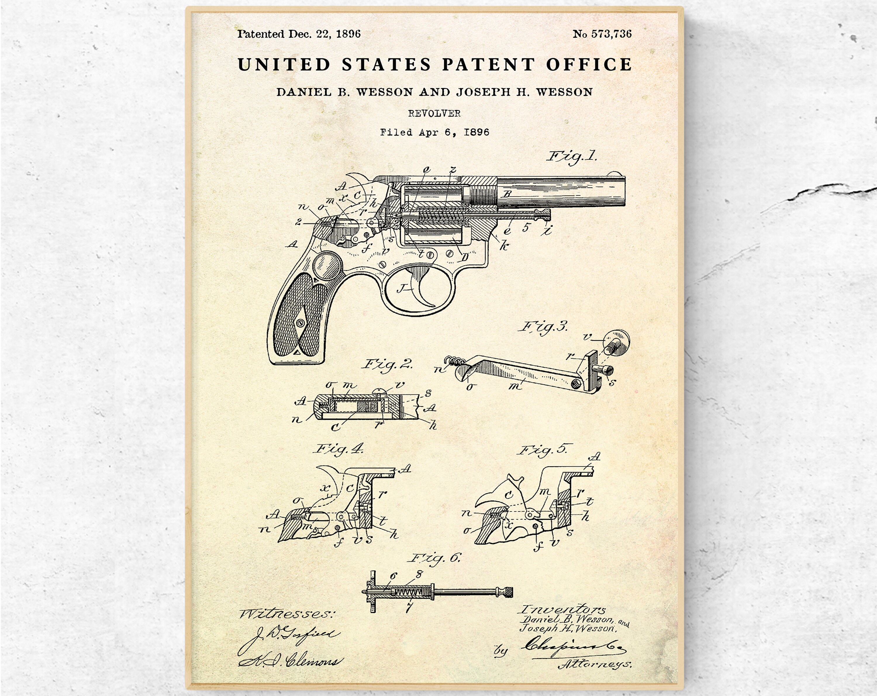 Wesson Revolver 1896 Patent Art Print, Gun Blueprint Poster