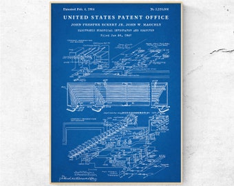 May include: A blue and white blueprint of a patent for an electronic numerical integrator and computer, filed on June 26, 1947, by John Presper Eckert Jr. and John W. Mauchly. The patent number is 3,120,606. The blueprint shows a detailed diagram of the computer's circuitry.
