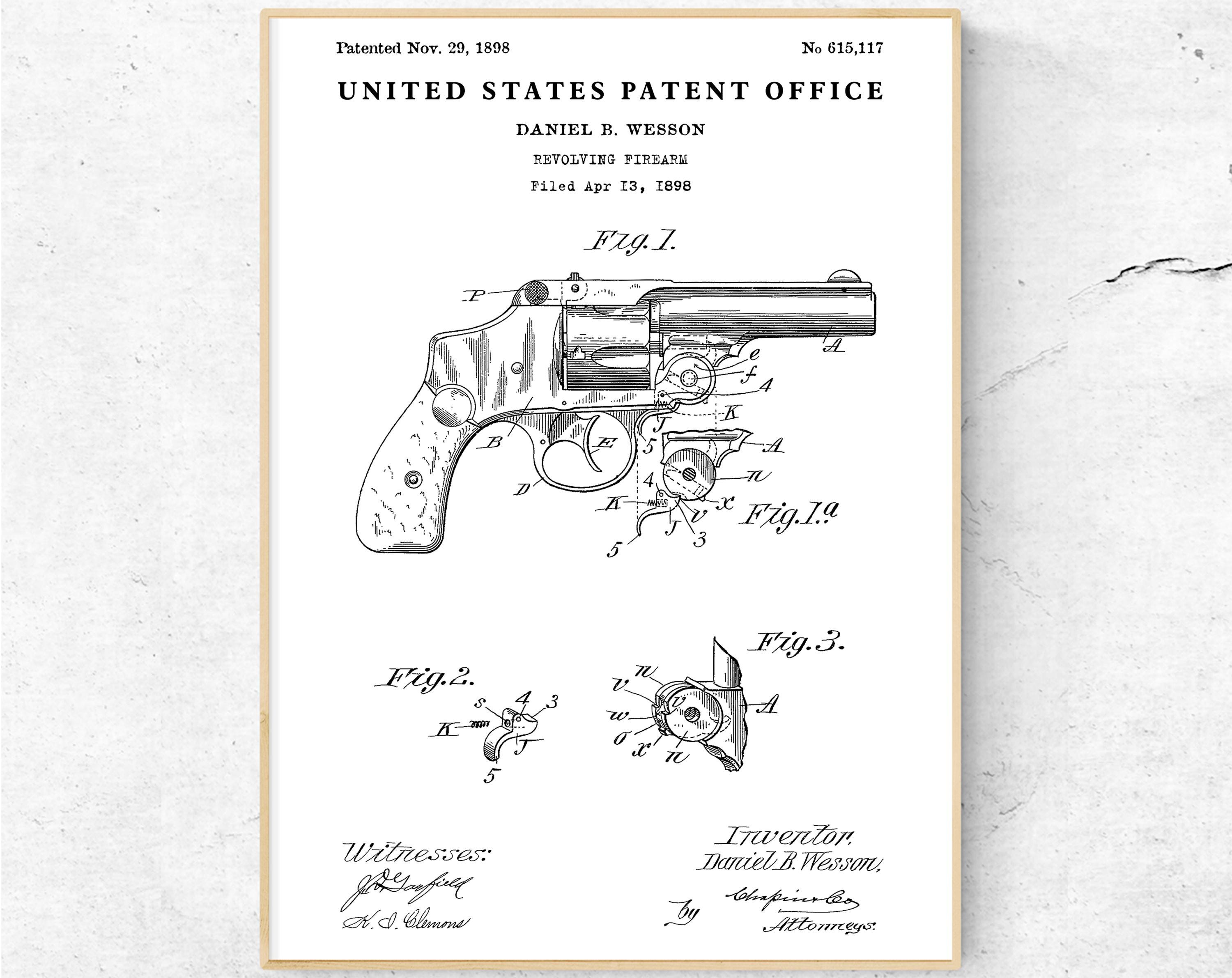 リボルバーの特許図面、1898年のアンティーク銃器設計図、男の隠れ家の