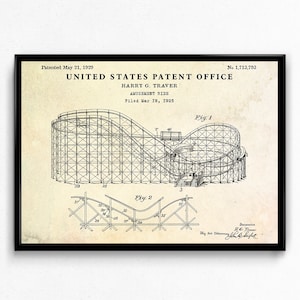 Roller Coaster 1929 Patent Art Print. Amusement Park Invention Blueprint Poster. Theme Park Vintage Wall Decor
