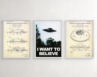 UFO Wall Decor, Flying Saucer Patent Art, I Want To Believe Poster. Sci-Fi Gift, Aliens Decor, Set Of 3 Prints
