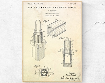 Lippenstift 1952 patentafdruk. Uitvinding blauwdruk Poster. Make-up ijdelheid kamer Vintage decor. Mode kunst aan de muur. Klaar om canvas op te hangen