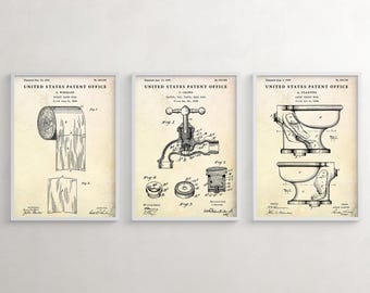 Badezimmer Toilette Vintage Patent Wandkunst, Blueprint Poster, WC Schild, Restroom Toilette Dekor, 3er-Set Prints