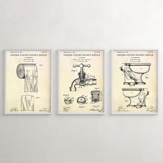 Vintage Toilet Patent Art Prints, Bathroom Restroom Decor, Set of 3