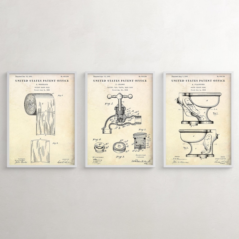 Vintage Toilet Patent Art Prints, Bathroom Restroom Decor, Set of 3 Old paper