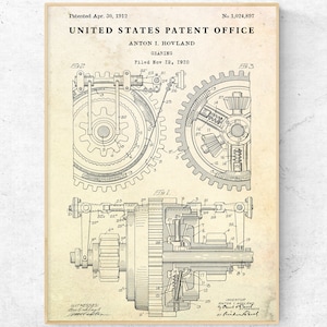 Gearing 1912 Patent Print. Gears Inventions Machinery Blueprint Poster. Mechanic Gift, Engineering Wall Art, Industrial Vintage Decor