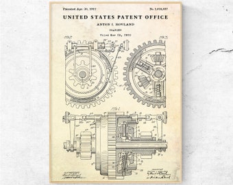 Impresión de patente de engranajes de 1912. Póster de planos de maquinaria, inventos y engranajes. Regalo para mecánicos, arte mural de ingeniería, decoración industrial vintage.