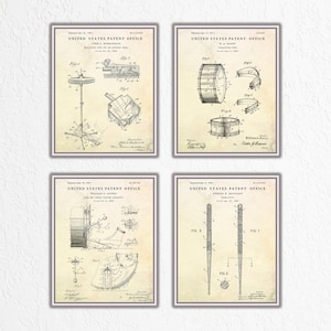 Schlagzeug Patent Wandkunst, Musik Zimmer Dekor, Blueprint Poster, Geschenk für Drummer, 4er-Set Drucke