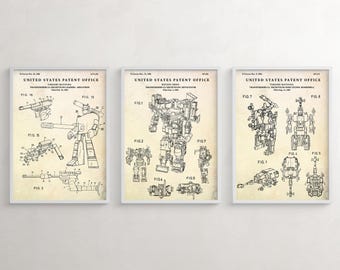 Vintage Transformers Robots Toys Patent Prints. G1 Autobots Decepticon Blueprint Wall Art. Kids Boys Room Decor, Set of 3 Posters