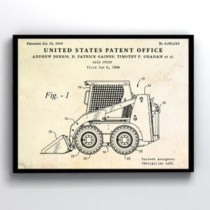 Könnte beinhalten: Schwarz-weiß-Linienzeichnung eines Skid-Steer-Loaders. Das Patent trägt den Titel "United States Patent Office" und wurde am 5. Juni 1998 eingereicht. Die Patentnummer lautet 6,092,616.