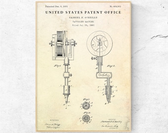 Patentzeichnung einer Tätowiermaschine von 1891, Vintage-Dekoration für Tattoo-Studios