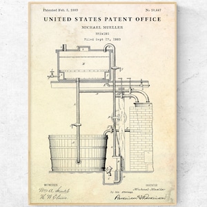 Brewing 1884 Patent Print. Vintage Beer Brewing Blueprint Poster. Home Bar, Pub, Man Cave, Craft Brewery Wall Art, Beer Lover, Brewer Gift
