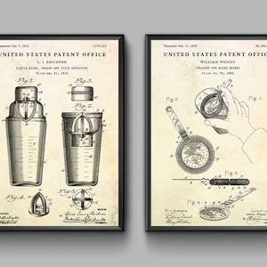 Póster de patente de coctelera y colador. Póster con diseño de accesorios para cócteles, regalo de barman para él, decoración vintage de bar y pub. Juego de 2 impresiones