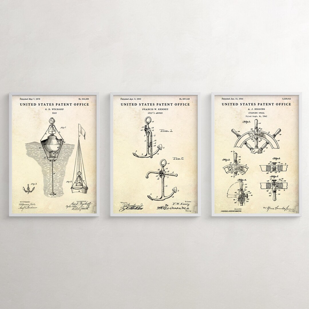 Set of 3 Vintage Nautical Patent Prints – Ship Anchor, Sea Buoy & Ship ...