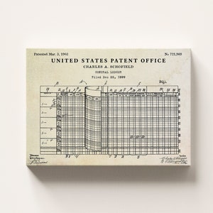 May include: A black and white vintage patent drawing for a general ledger. The patent is titled "United States Patent Office" and was filed on December 22, 1899, and patented on March 3, 1903. The patent number is 721,969. The drawing shows a grid with columns and rows.