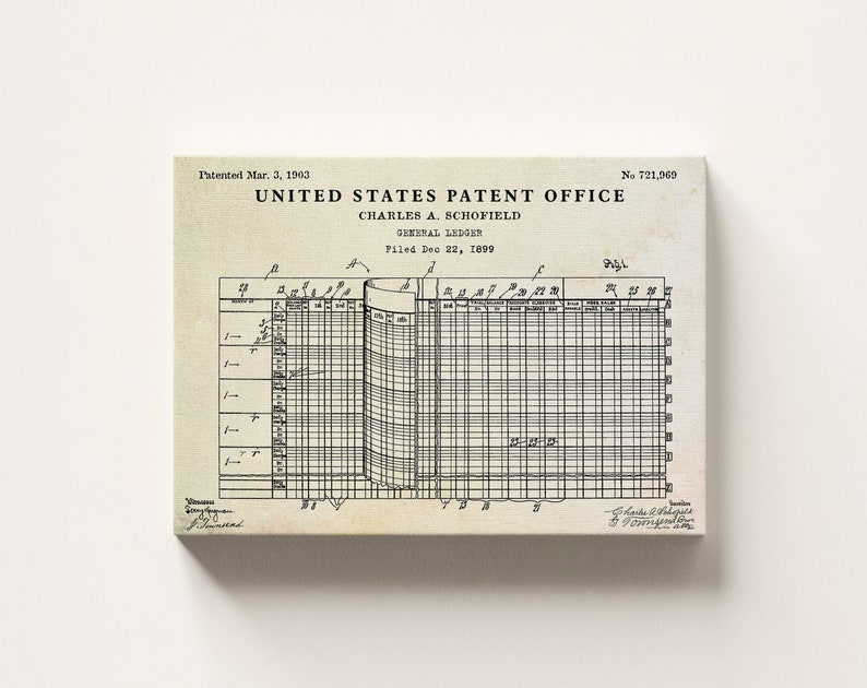 May include: A black and white vintage patent drawing for a general ledger. The patent is titled "United States Patent Office" and was filed on December 22, 1899, and patented on March 3, 1903. The patent number is 721,969. The drawing shows a grid with columns and rows.