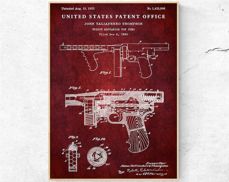 Thompson Blueprints Thompson Submachine Gun 1922 Patent Print. Firearm Inventions Tommy Gun ...