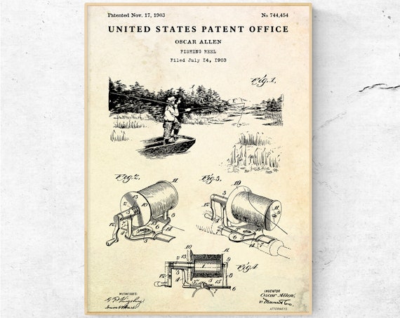 Fishing Reel 1903 Patent Print. Inventions Blueprint Poster. Lake