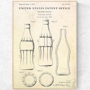 Coca-Cola Bottle Design 1937 Patent Print. Vintage Soda Wall Art, Coke Memorabilia Blueprint Poster. Retro Bar & Kitchen Vintage Decor