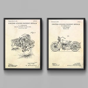 Motorcycle & Sidecar Patent Wall Art, Bike Blueprint Poster. Biker Gift, Motorbike Garage Decor, Set of 2 Prints