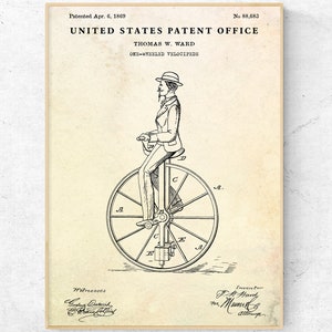 Antique Unicycle 1869 Patent Print, Vintage Bicycle Wall Art, Bike Retro Decor, Cycling Blueprint Poster, Cyclist Gift, Ready to Hang Canvas