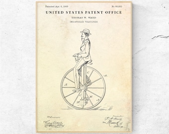 Antique Unicycle Patent Print, Bicycle Blueprint, Retro Cycling Art