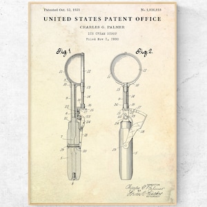 Ice Cream Scoop 1931 Patent Print, Kitchen Vintage Wall Art, Blueprint Poster, Ice Cream Shop Retro Decor
