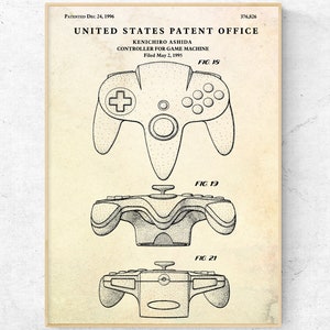 Video Game Controller 1996 Patent Print, Joystick Invention Blueprint Poster, Geek Gift, Gamer Room Wall Art Decor, Ready to Hang Canvas