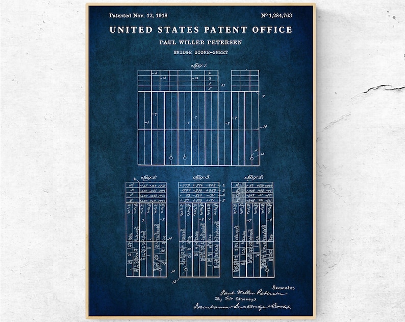 May include: A vintage blue and white patent drawing for a bridge score sheet. The drawing shows a grid with numbers and the text "United States Patent Office" and "Bridge Score-Sheet".
