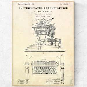 Typewriter 1878 Patent Art Print. Typing Machine Design Invention Blueprint Poster. Law Office Vintage Wall Decor. Ready to Hang Canvas