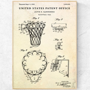 Basketball Hoop 1936 Patent Print, Basketball Goal Blueprint Poster. Vintage Sports Room Wall Art. Great Gift for Basketball Fans. Gym Decor