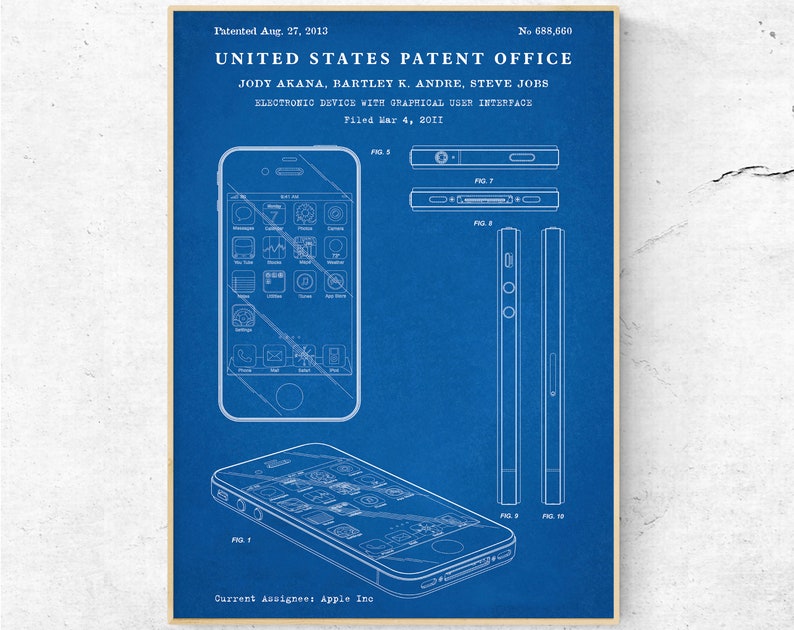 May include: A blue and white patent drawing for an electronic device with a graphical user interface. The drawing shows a smartphone with a screen displaying various icons. The patent is titled "Electronic Device with Graphical User Interface" and was filed on March 4, 2011. The patent was granted on August 27, 2013, and the patent number is 688,660. The patent was assigned to Apple Inc.