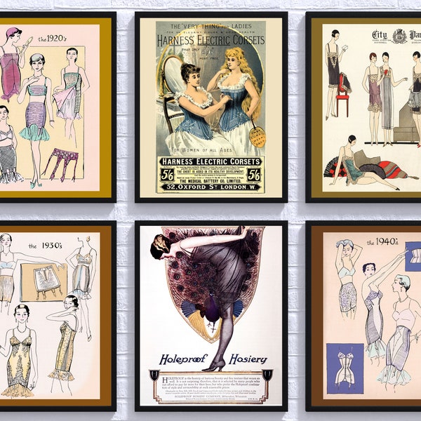 Lingerie Fashion Wall Art, Affiches publicitaires vintage Corset pour dames, Sous-vêtements pour femmes Rétro Ad Decor, années 1920, 1930, années 1940, ensemble de 6 tirages