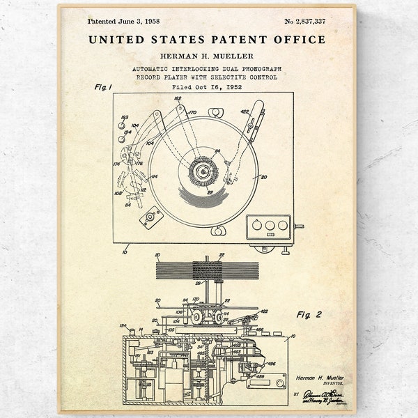 DJ Wandkunst: Vintage Schallplattenspieler 1958 Patent Druck. Hip Hop Audiophile Geschenk. Musik-Retro-Dekor. Blaudruck Poster