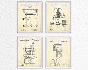 Bathroom Patent Wall Art, WC Sign, Lavatory, Restroom Vintage Decor, Toilet Inventions Blueprint Poster, Set of 4 Prints.