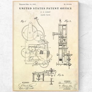 Impresión de patente de reloj despertador de 1885. Reloj de cuerda vintage, póster con plano de reloj antiguo. Arte mural retro de relojero, decoración steampunk.