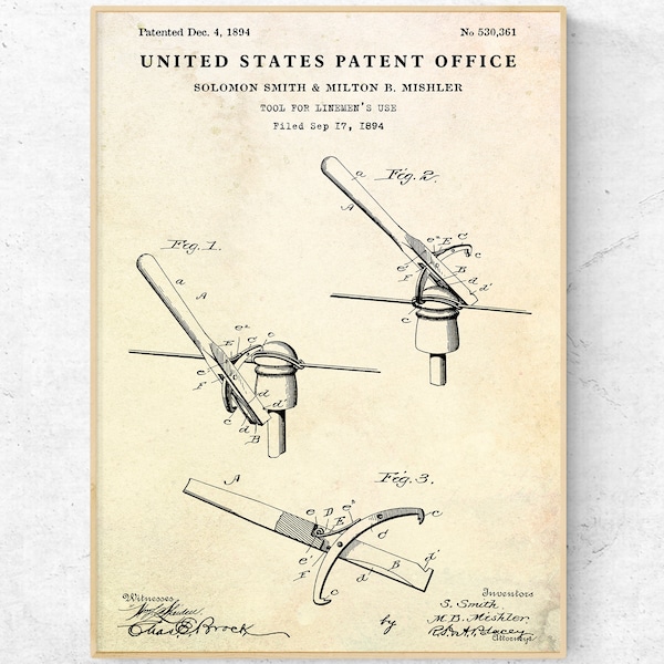 Lineman Wall Art: Lineman's Tool 1894 Patent Art Print. Powerline Technician Gift, Electrician Decor, Vintage Inventions Blueprint Poster