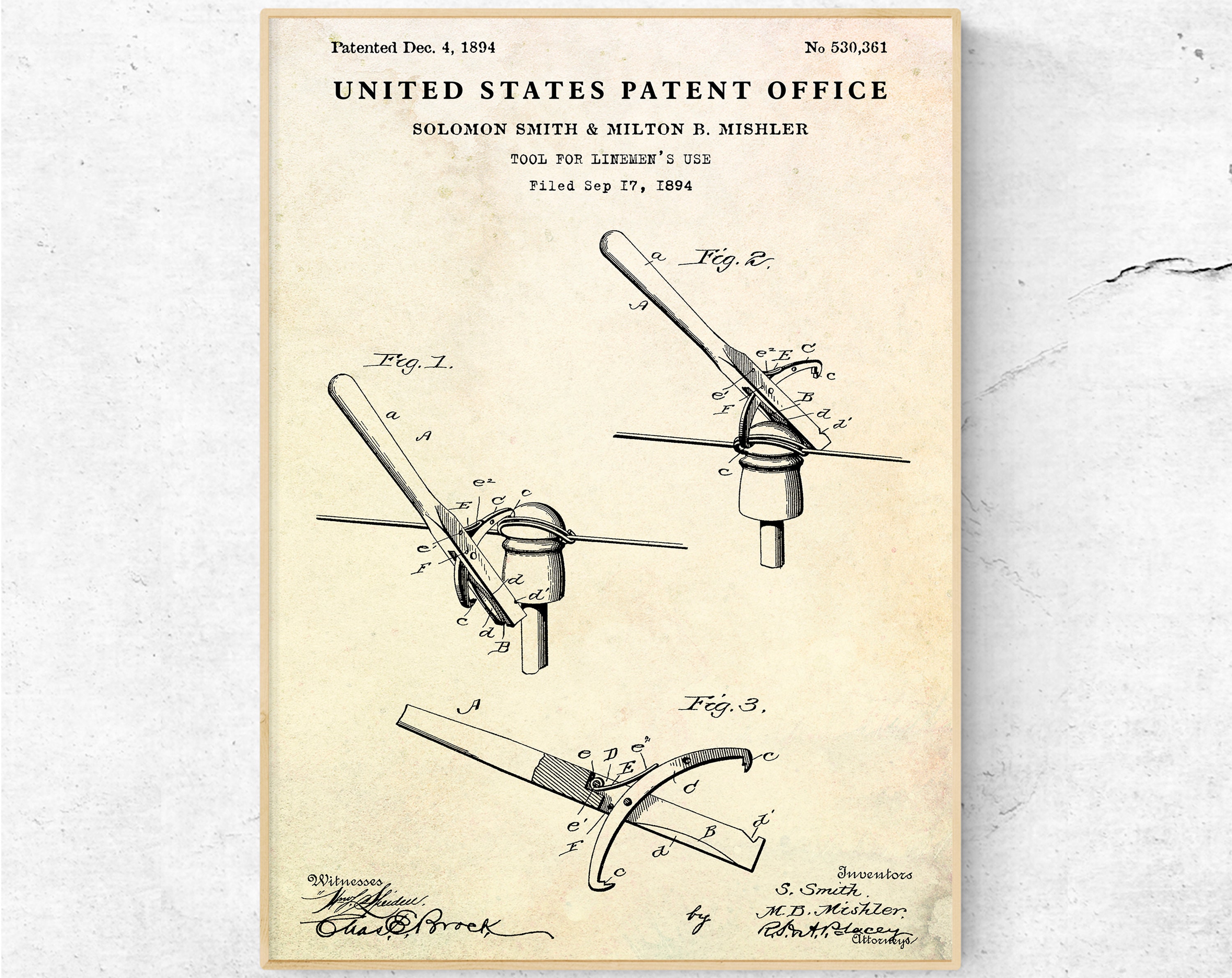 Lineman Tool 1894 Patent Print. Lineman Gift, Electrician
