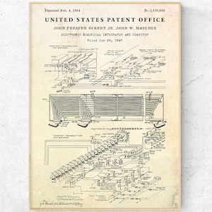 Impresión de patente de la primera computadora ENIAC de 1964. Póster con planos de mainframe, decoración vintage para programadores, regalo para frikis de la tecnología de la información, arte mural para nerds