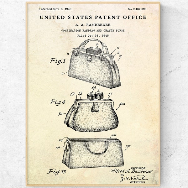 Handbag Purse 1949 Patent Print. Inventions Blueprint Poster. Vintage Fashion Decor. Fashionista Wall Art. Fashion Designer Gift