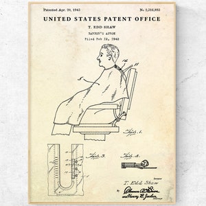 Barber Apron 1943 Patent Print. Vintage Barbershop Wall Art, Hair Stylist, Barber Gift, Hairdresser Decor. Blueprint Poster