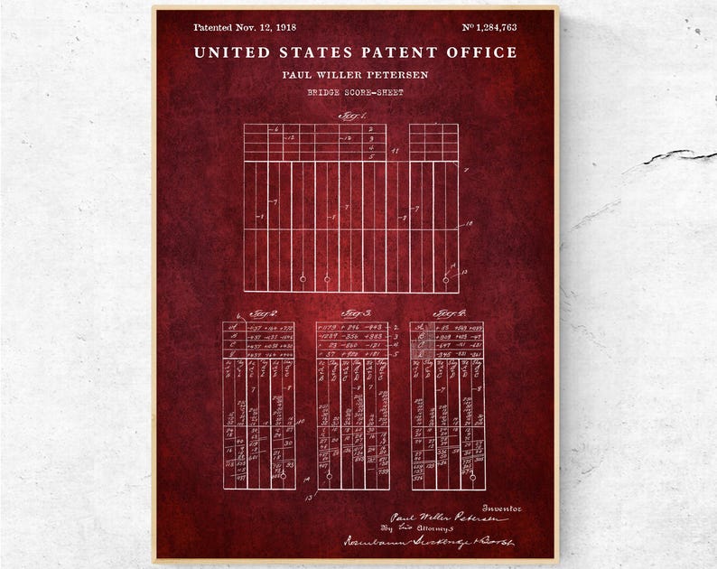 May include: A vintage red patent document for a bridge score sheet, with the title "United States Patent Office" and the patent number "1,284,763". The document is dated November 12, 1918, and the inventor is listed as Paul Willer Petersen.