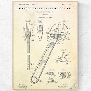 Wrench 1915 Patent Print. Inventions Blueprint Poster. Man Cave, Garage Vintage Wall Art. Workroom, Repair Shop Decor, Locksmith Gift