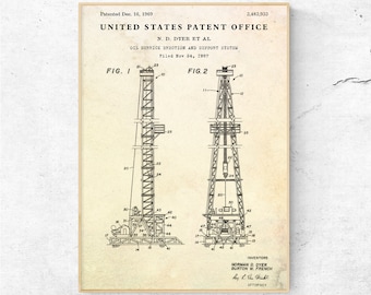 Oil Derrick 1969 Patentdruck, Oil Rig Blueprint Poster, Oilfield Petroleum Retro Decor, Vintage Bohrinsel Wandkunst, Roughneck Geschenk