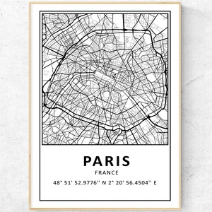 Impresión del mapa de París, arte mural minimalista en blanco y negro, póster de viaje, decoración moderna de Francia