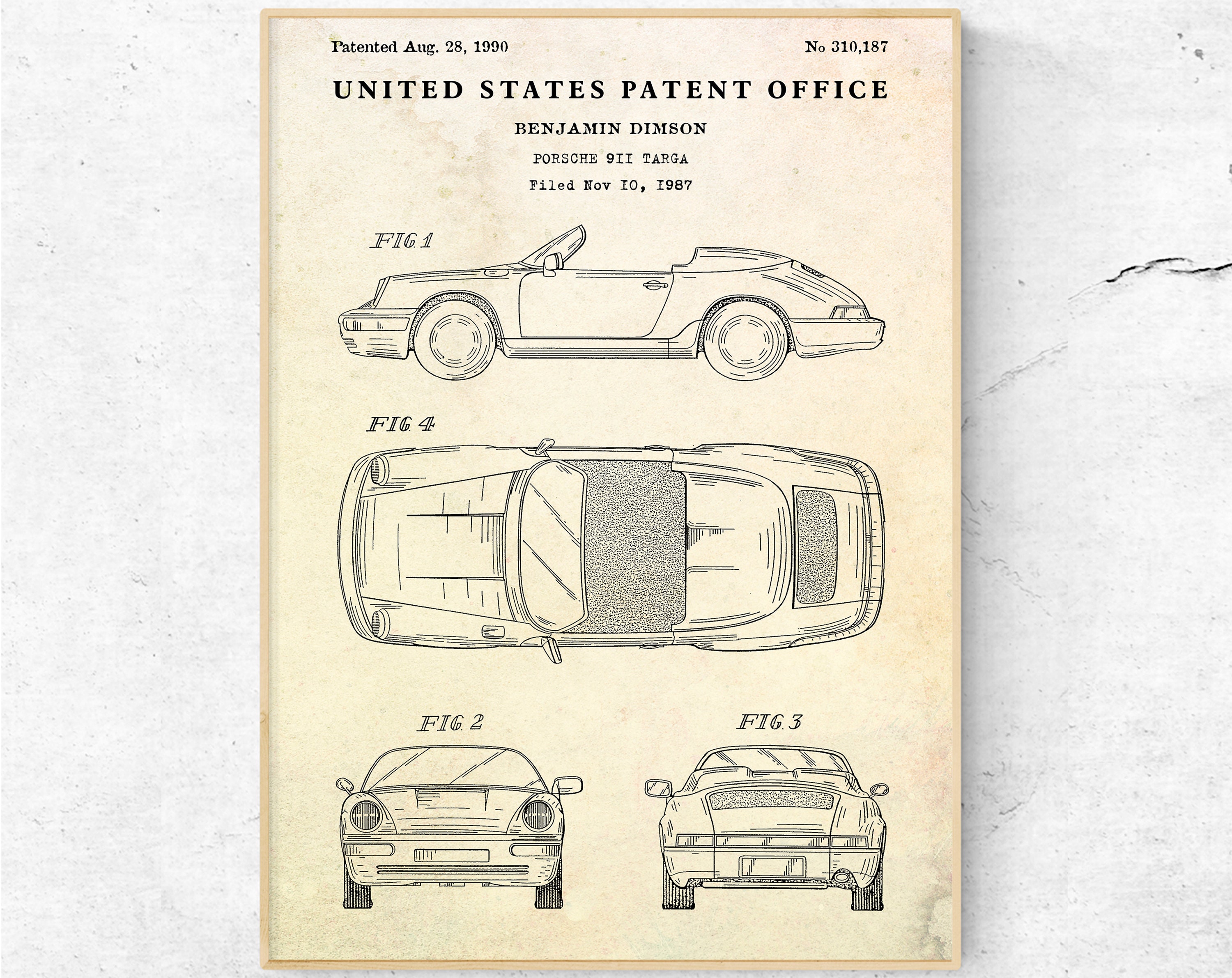 Porsche 911 Design Patent Print. Sports Car Blueprint Poster. Man