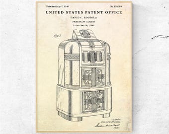 Jukebox 1940 Patent Print. Bar Vintage Wall Art. Phonograph Cabinet Blueprint Poster. Man Cave Retro Decor. Ready to Hang Canvas