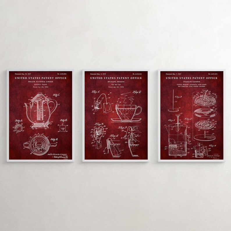 May include: Three vintage red patent prints for a teapot, teacup, and tea infuser. The prints are in white and feature detailed illustrations of each item. The text on the prints reads "United States Patent Office".